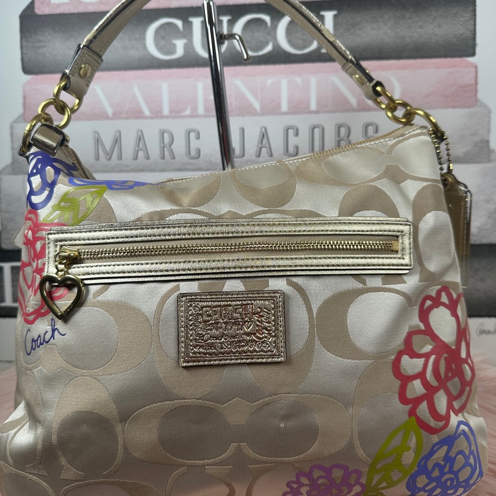 Coach Poppy Metallic Gold Signature Hobo with Multicolor Floral Accents